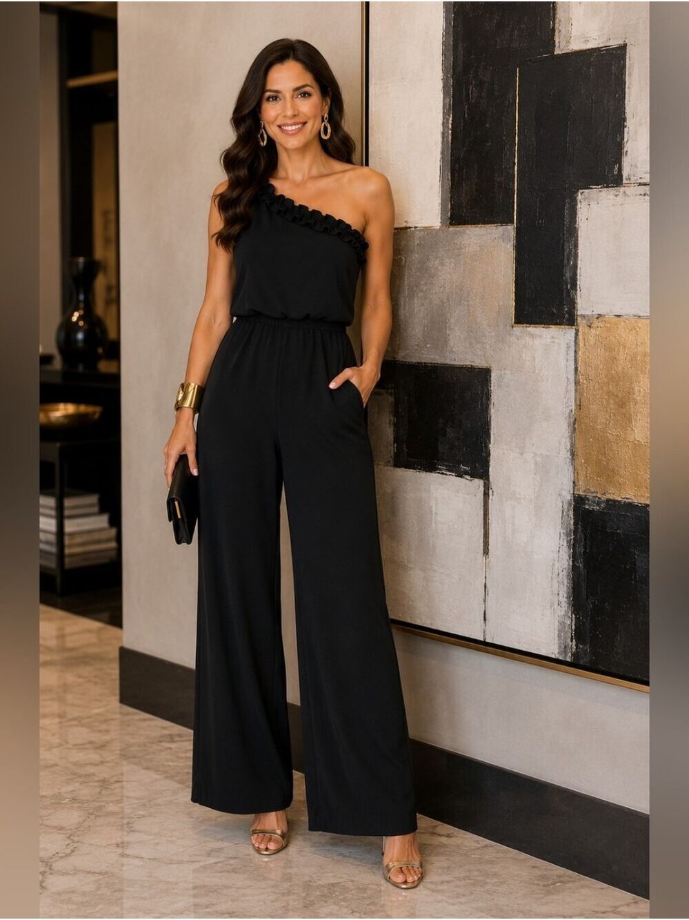 Adrianna Papell Black One-Shoulder Ruffle Wide Leg Jumpsuit Luxe Fashion Size 10 - Picture 2 of 15